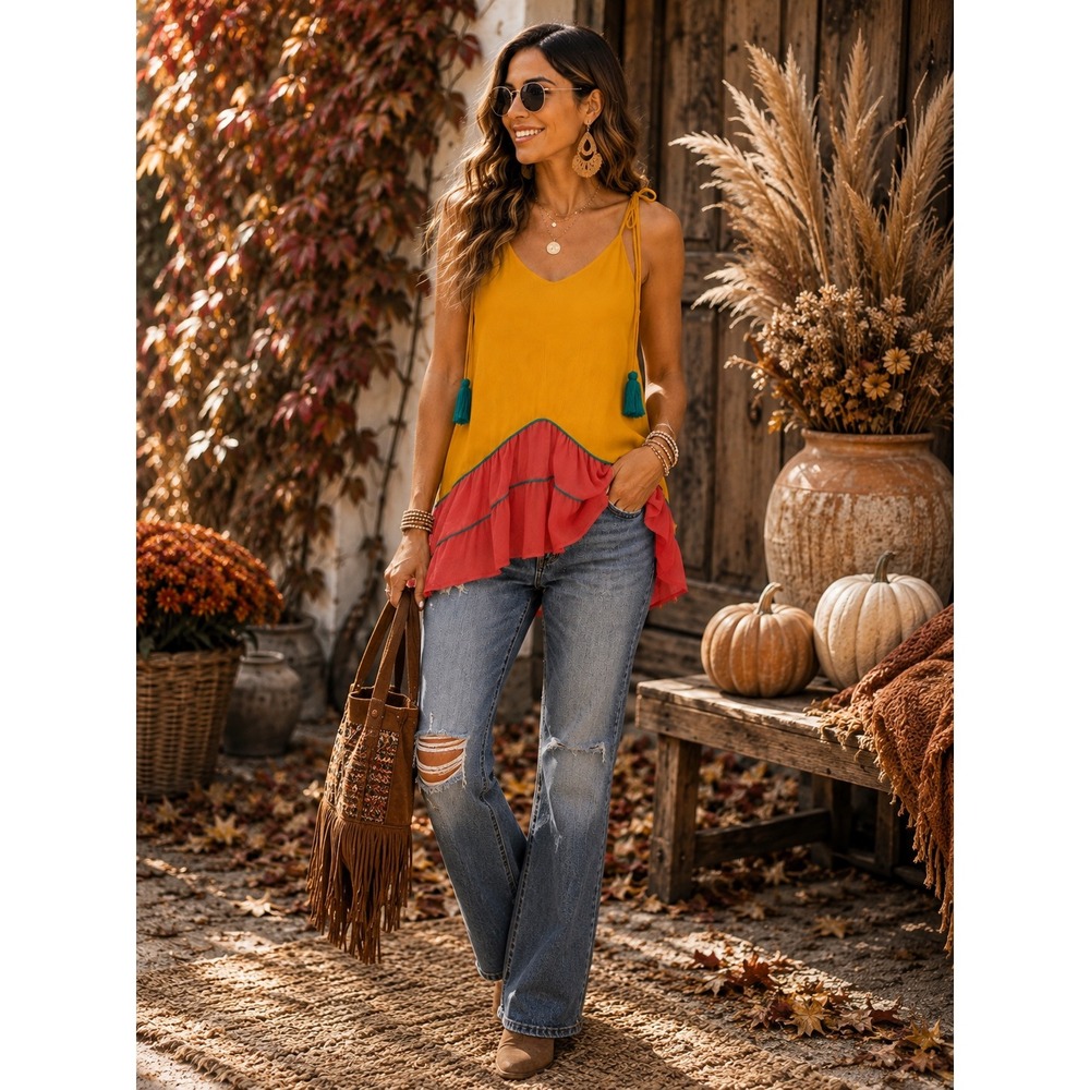 Mossimo Supply Co Tunic Tank Top Small Boho Ruffle Tassel Colorblock Festival